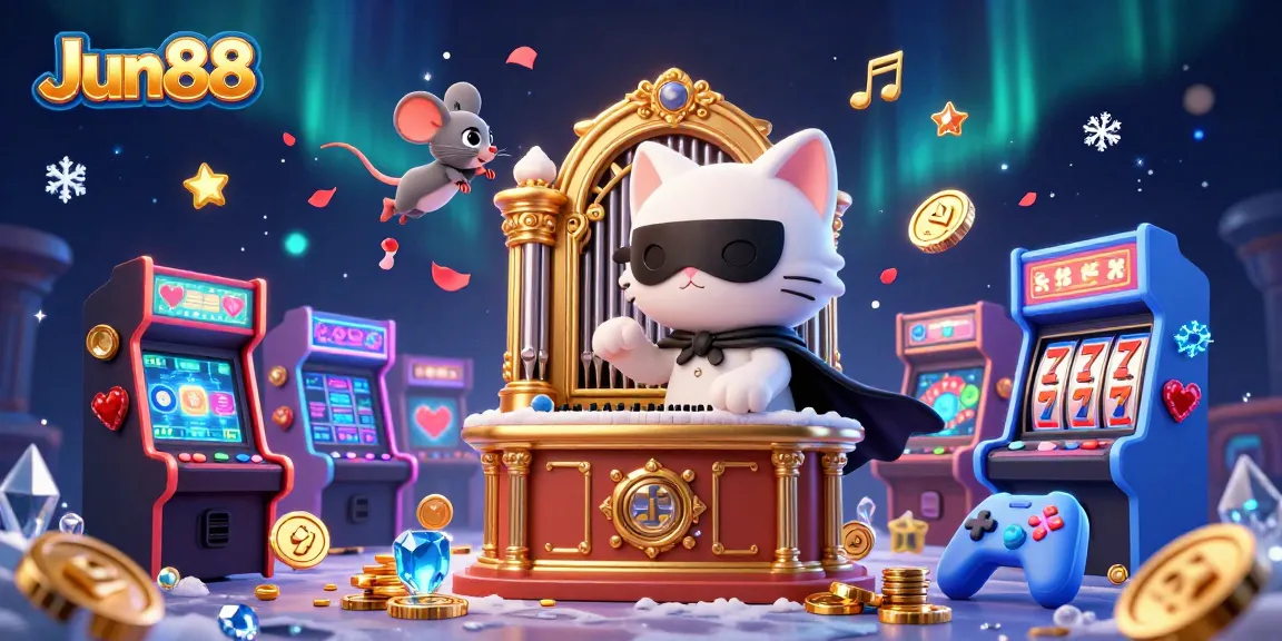 Experience thrilling moments at Jun88 casino with a whimsical 3D illustration of a cat organist and vibrant slot themes.