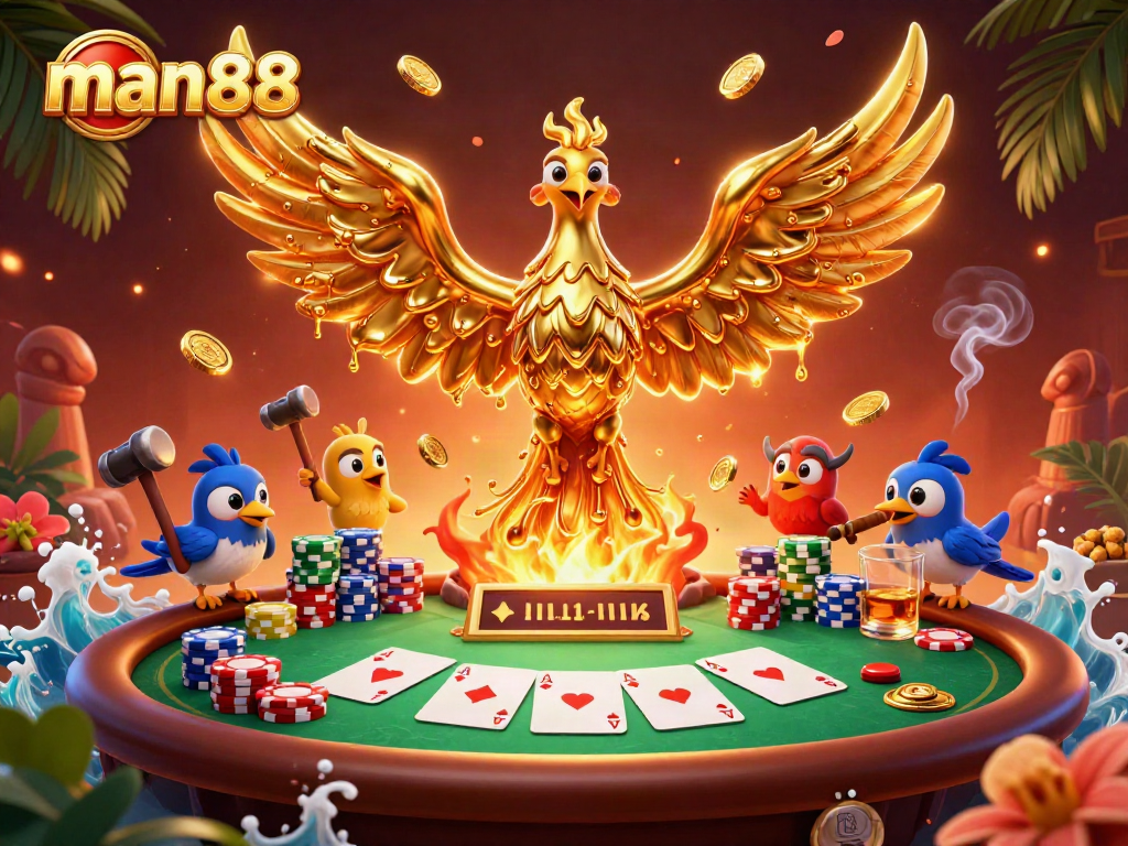 Experience thrilling gameplay at man88, featuring a dynamic 3D illustration of a phoenix and poker setup.