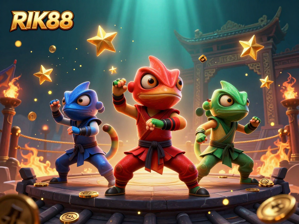 Watch RIK88's thrilling casino action with ninja chameleons and golden gaming elements.