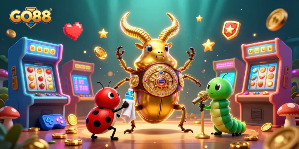 Engage with GO88's thrilling casino games amidst a vibrant, colorful gaming scene including glowing slot machines and fun characters.