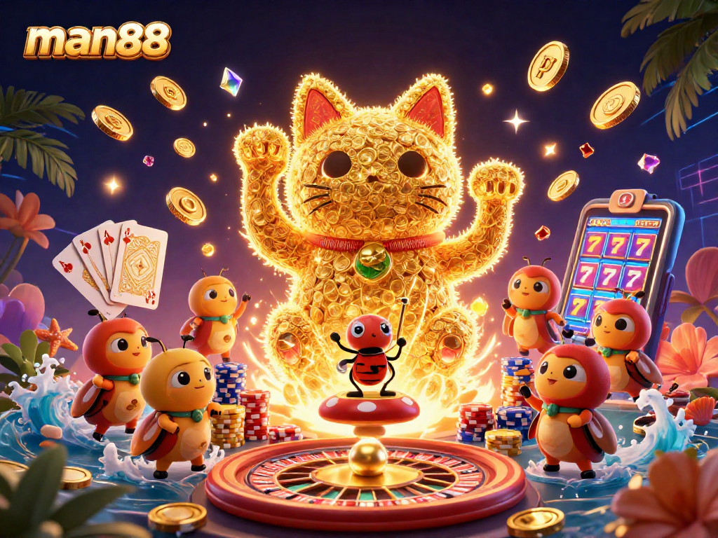 Experience thrilling gameplay with man88's dynamic casino elements in a vibrant 3D scene.