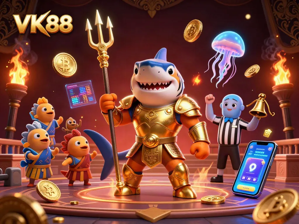 Engage with VK88's thrilling underwater casino battle featuring a shark gladiator.