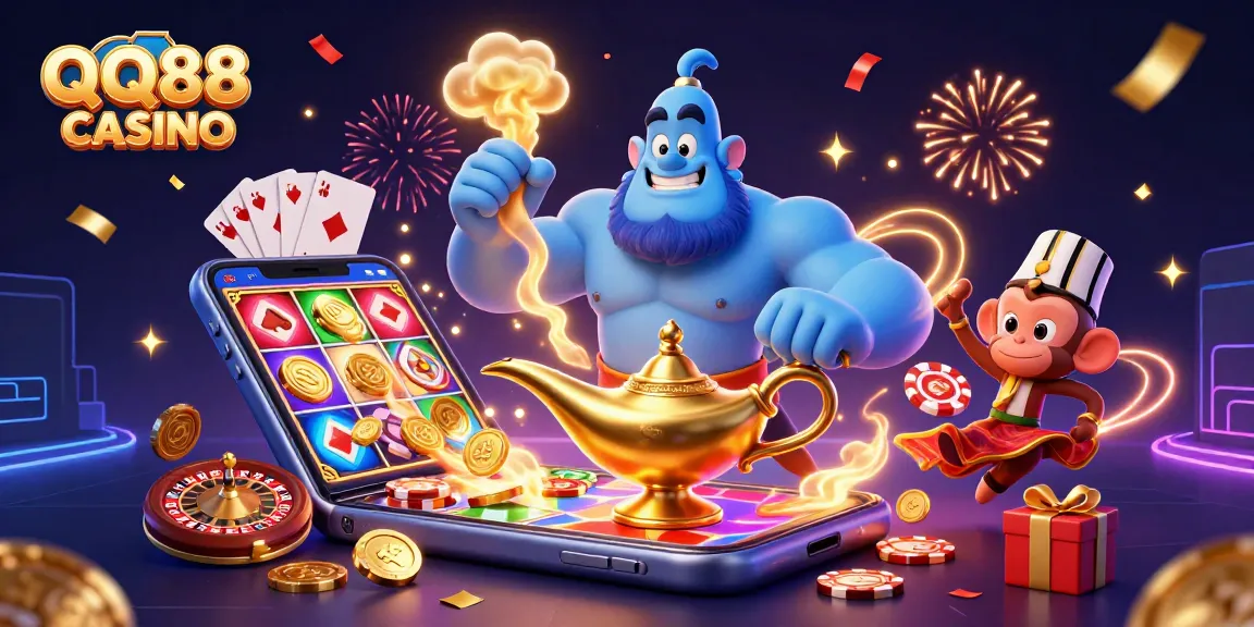 Play exciting games at QQ88 CASINO with animated characters, vibrant colors, and lively casino elements.