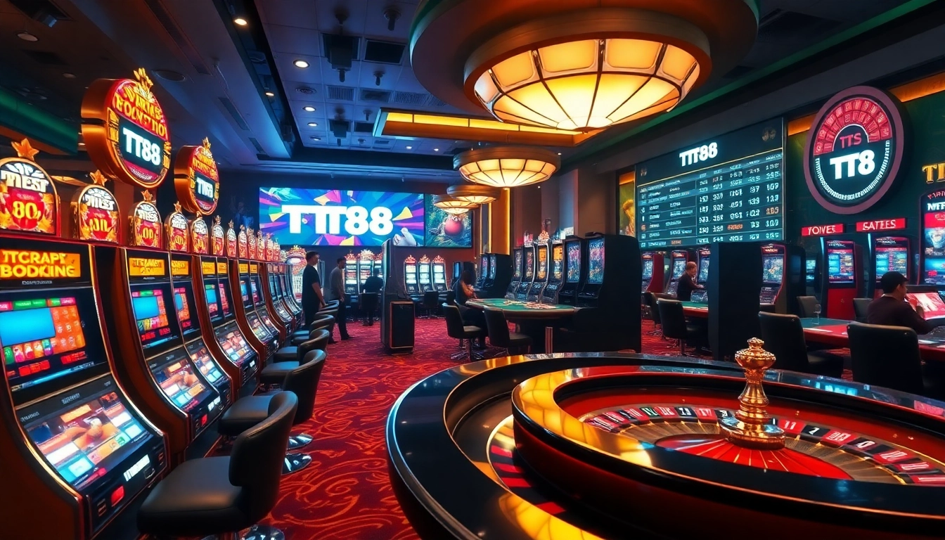 TT88 online casino interface showcasing vibrant slot machines and poker tables filled with players.