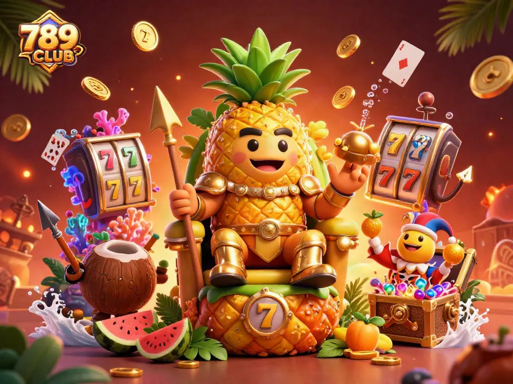Experience the vibrant casino scene at 789CLUB with a golden pineapple king and dynamic game elements.