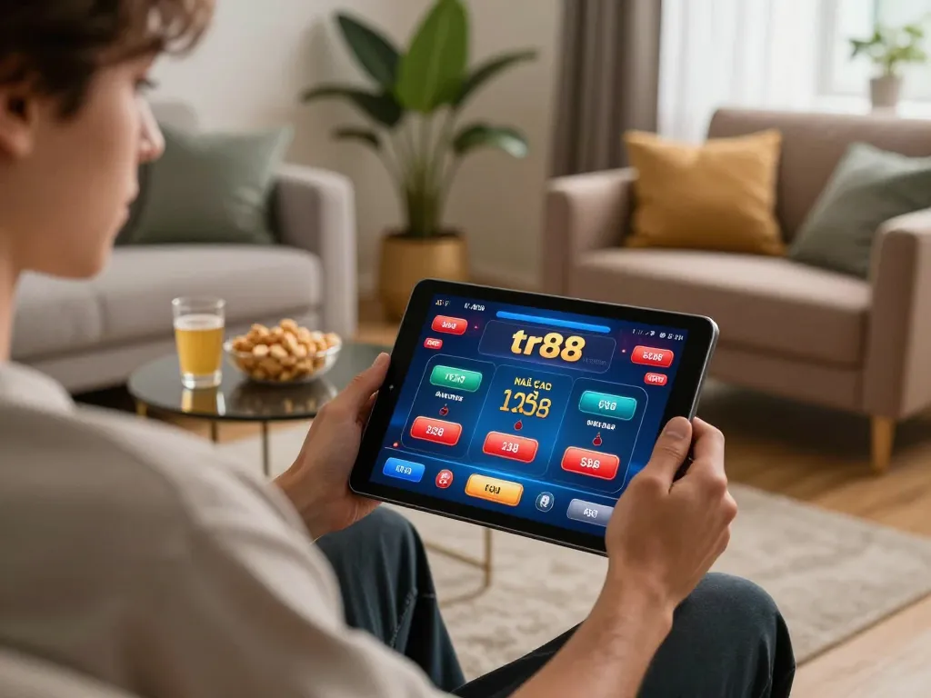 Engaged player at nhà cái tr88 poker on tablet in cozy home setup with snacks.