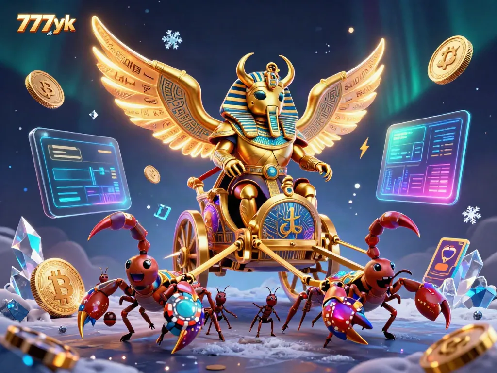 Experience the excitement of the 777yk apk with the golden scarab beetle in action, amidst dazzling casino themes.