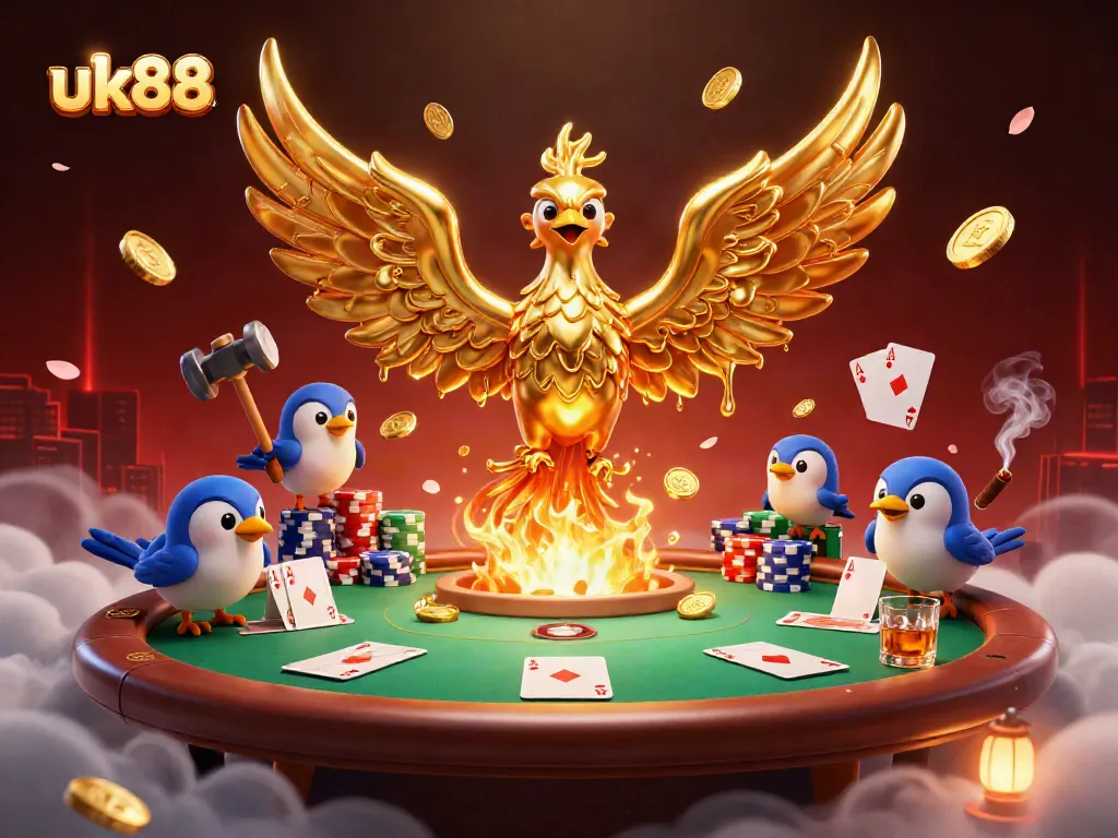 Experience excitement with the golden phoenix at uk88, surrounded by vibrant poker elements.