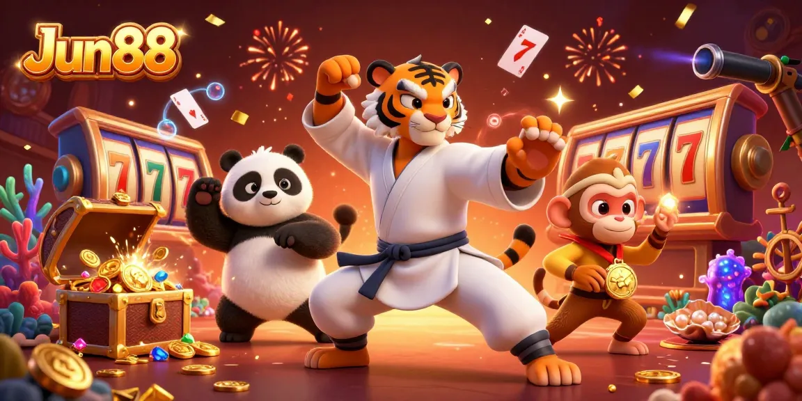 Experience the excitement at Jun88, featuring a kung fu tiger and vibrant casino elements in a colorful scene.