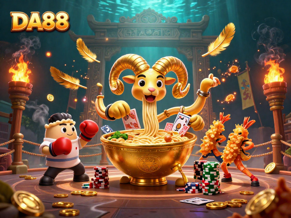 Engage with DA88's casino experience featuring a giant ramen bowl dealer, sushi roll, and tempura cheerleaders.