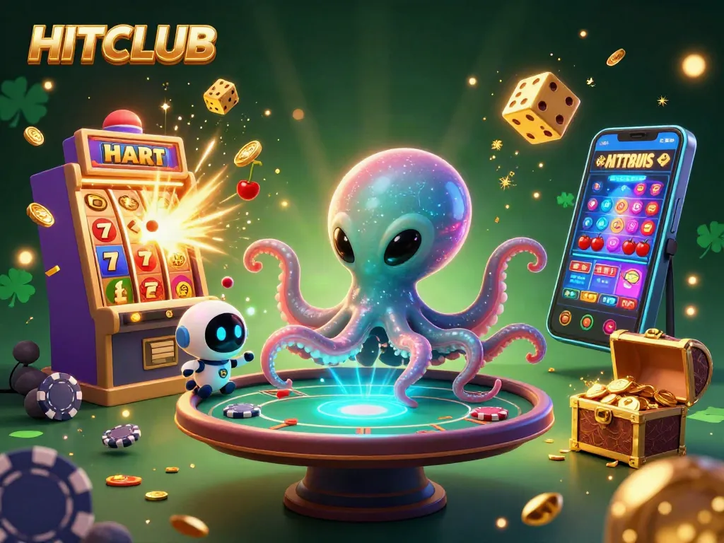 Play thrilling casino games at HITCLUB with dynamic action from a 3D alien octopus and vibrant game elements.