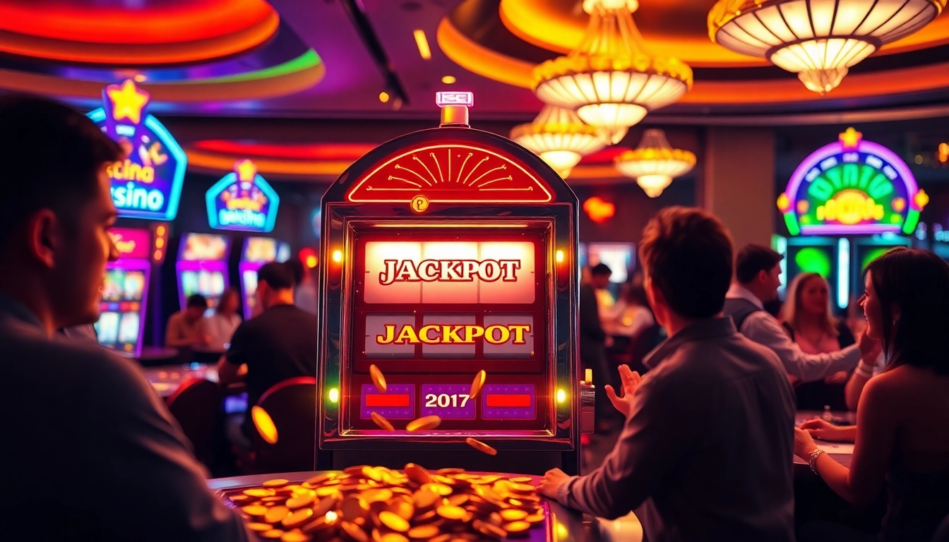 Menang dengan slot gacor di mesin slot dengan lampu cerah dan suasana kasino yang meriah.