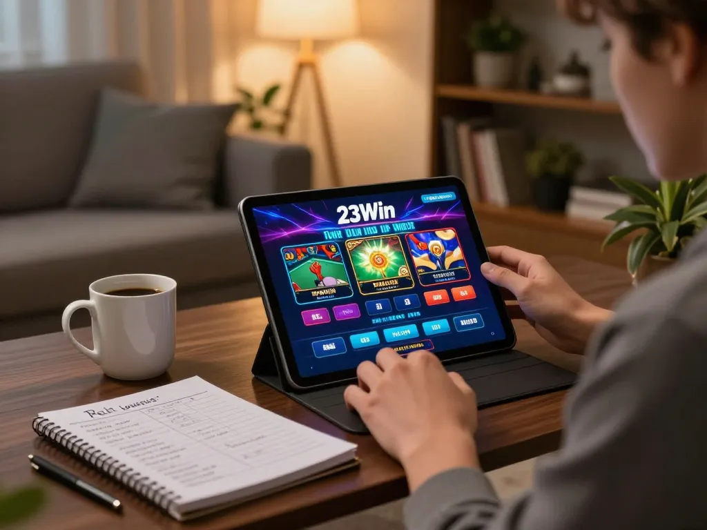 Engaging in a dynamic online gaming experience with 23Win in a cozy living room.