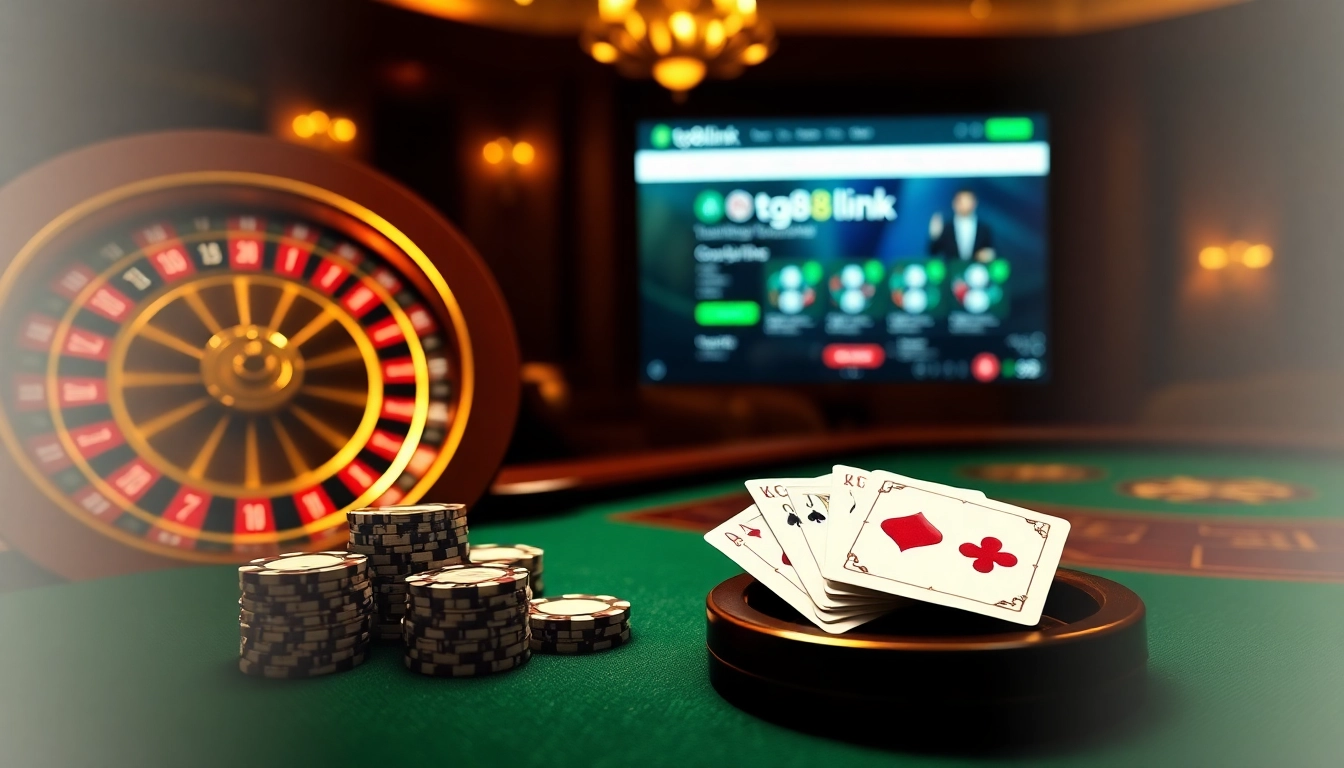 Engage in thrilling online gambling at tg88link with vibrant poker chips and a roulette wheel.