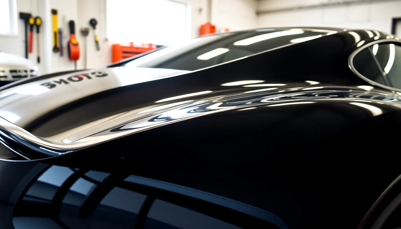 Applying PPF Chattanooga on a sleek black sports car in a professional workshop
