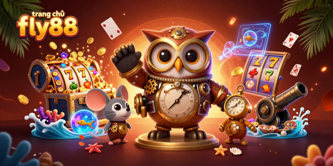 Experience the vibrant world of trang chủ fly88 with a dynamic 3D casino adventure illustration.