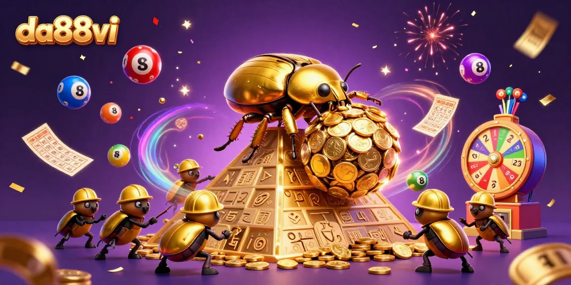 Experience the excitement at da88vi with colorful lottery balls and golden treasures in a vibrant casino scene.