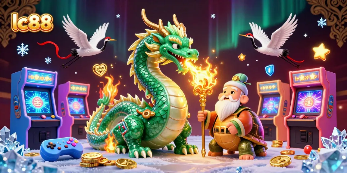 Experience thrilling gaming excitement at lc88 with a jade dragon and lucky cranes in a vibrant casino setting.