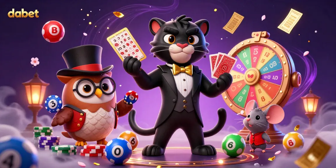 dabet showcases a vibrant scene with a tuxedo-clad panther dealing cards amid lottery excitement and festive elements.