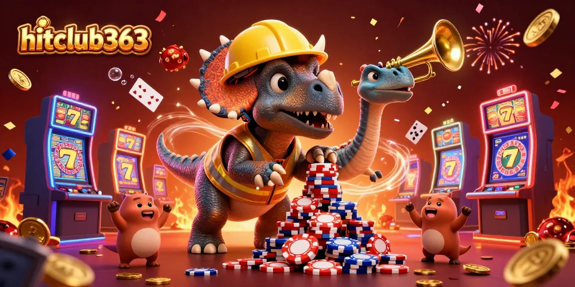 Experience thrilling casino action at hitclub363 with a lively scene featuring playful dinosaurs celebrating gaming.