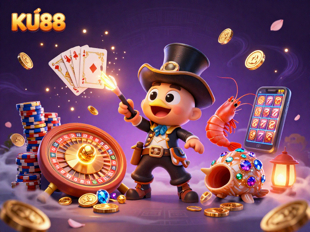 KU88 celebrates in a vibrant scene with a glowing anglerfish and treasures in a casino atmosphere.