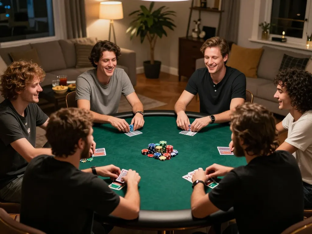 Players enjoying a lively poker night while discussing key strategies, Link vào Da88 contributing to their competitive edge.
