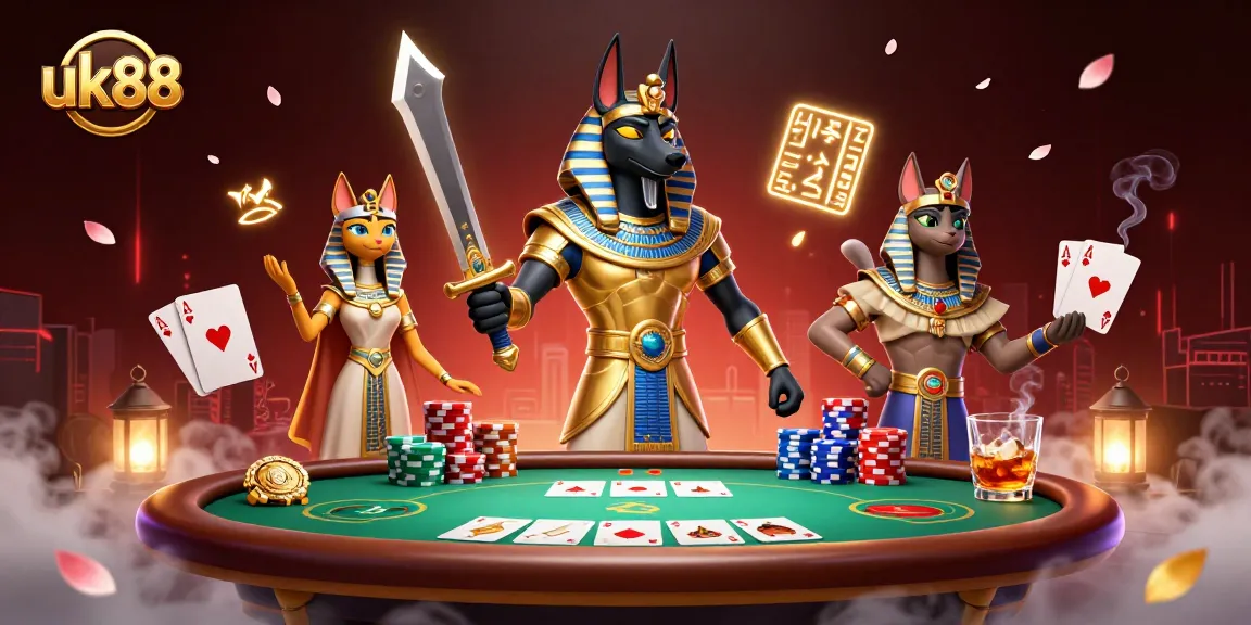 Experience thrilling games at uk88 with Anubis and Bastet surrounded by poker elements.
