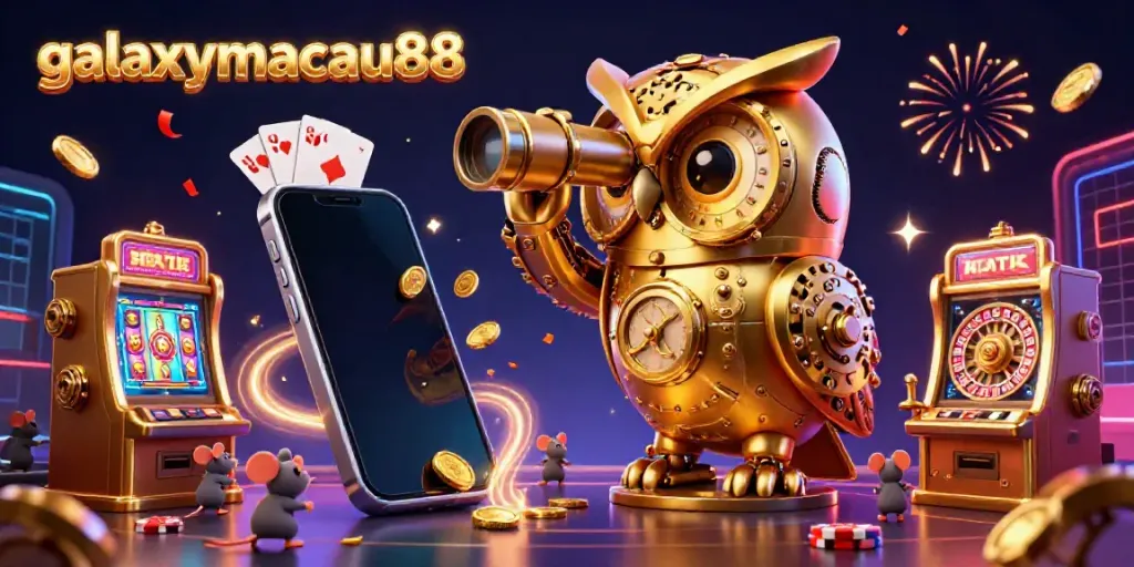 Spin and win at galaxymacau88 with a golden owl ruling over a vibrant casino scene filled with excitement.