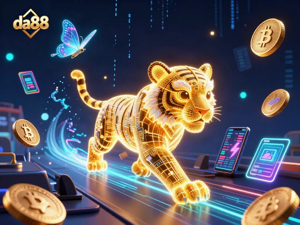 Experience the thrill of da88, with neon tiger and crypto elements lighting up the casino.