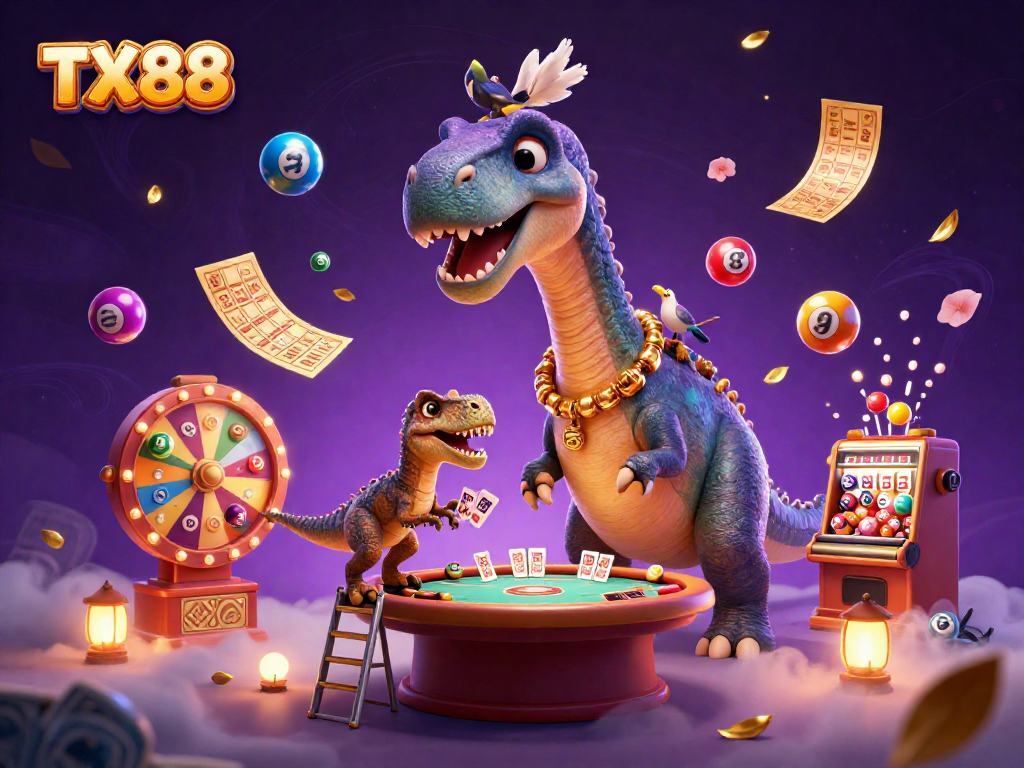 TX88 casino fun with a brontosaurus and raptor dealing cards in a vibrant atmosphere.