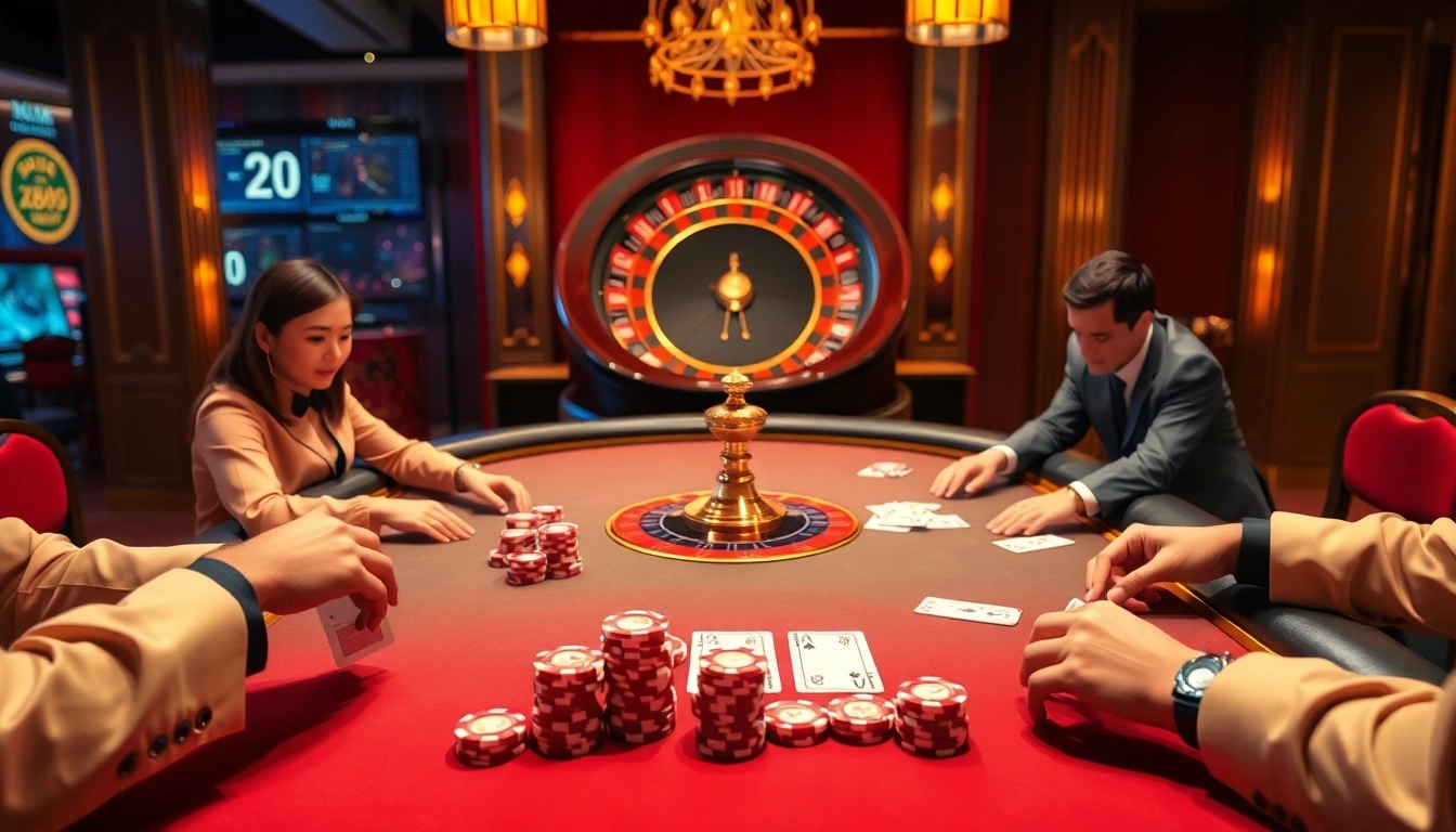 Engaging poker game at Nhà cái XX88 with vibrant poker chips and cards in a luxurious casino setting.