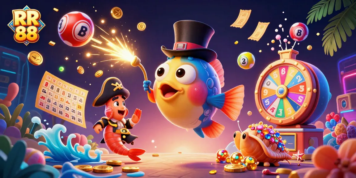 Experience excitement with RR 88 as glowing anglerfish attracts golden coins amidst vibrant lottery elements.