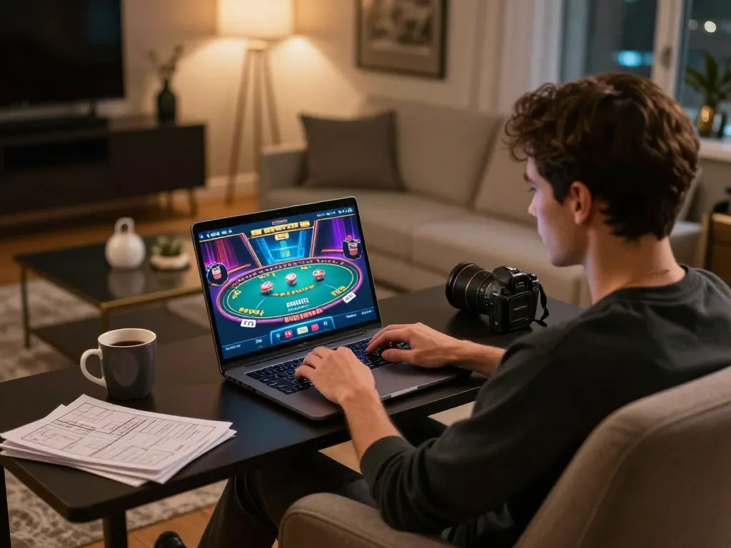 Engaging scene showing a player using Link đăng ký Lu88 for online casino gaming at home, stylish setup with laptop and strategy notes.