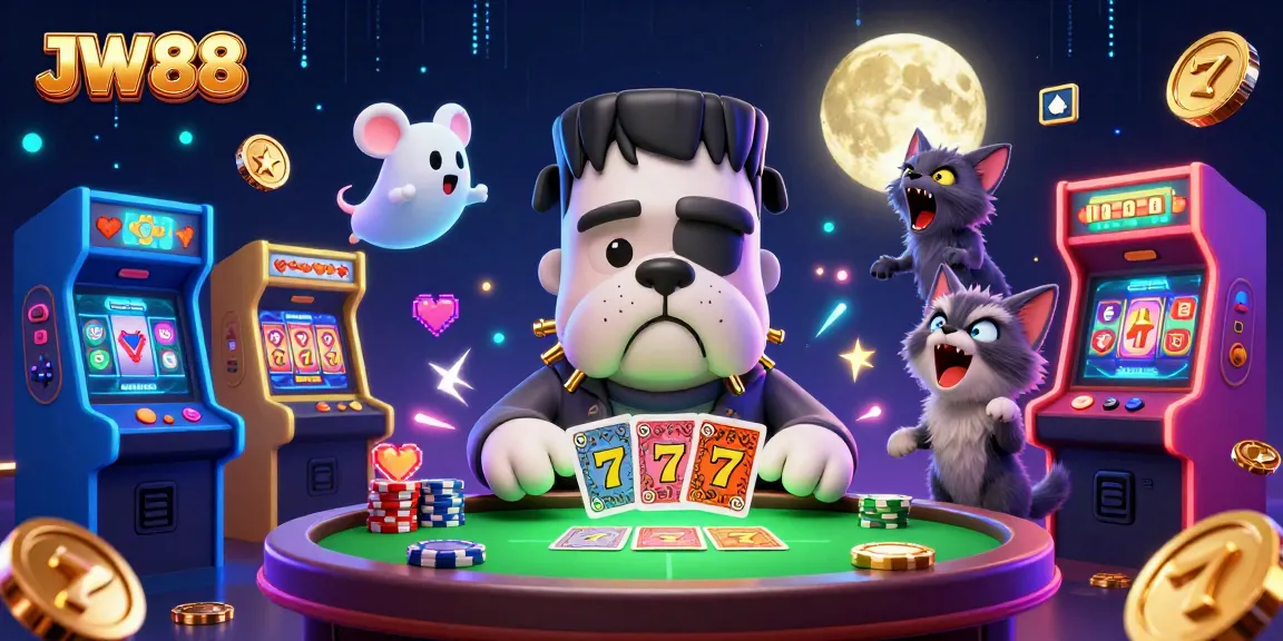 JW88's lively scene features a Frankenstein dog monster at a green table, captivating players with cards.