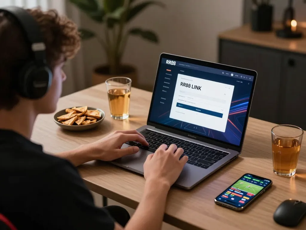 Engaging online gaming scene showcasing RR88 LINK interface on a laptop, creating a cozy gambling environment.