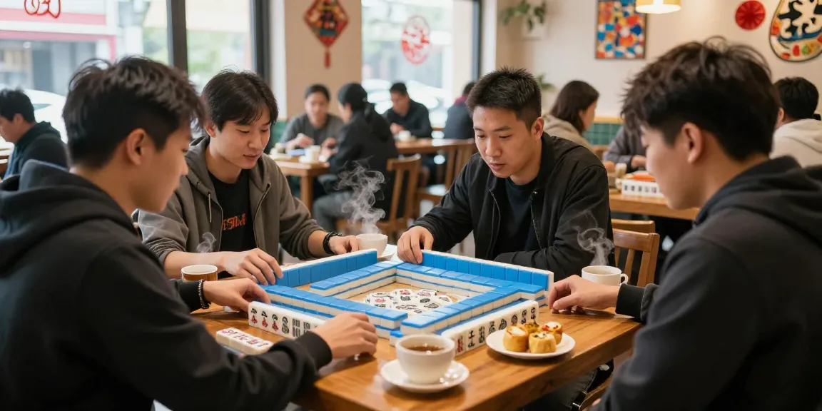 Players enjoying Mahjong at https://hm88.cafe/ in a vibrant cafe atmosphere with tea and snacks.