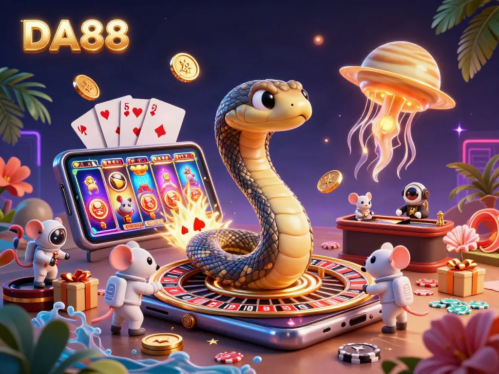 Experience thrilling gaming with DA88's cosmic-themed scene full of action and casino elements.