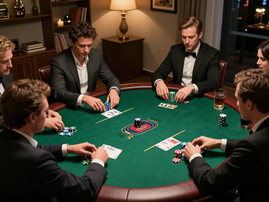 Players strategizing in a TIP88 poker game at home with chips and drinks.