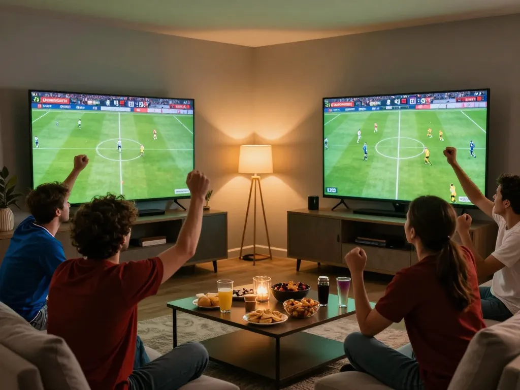Excited fans engaged in live football matches on Cakhia TV from their home setup, emphasizing thrilling sports viewing
