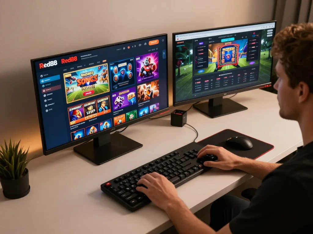 Link vào Red88 showcasing online gaming setup with vibrant game interface, user engaging in betting strategies