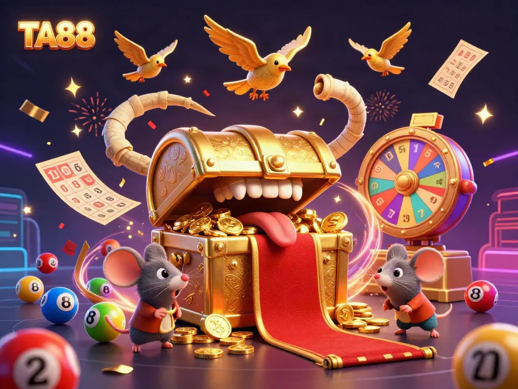 TA88 vibrant casino scene featuring a golden treasure chest and lottery elements luring adventurous players for gaming riches.