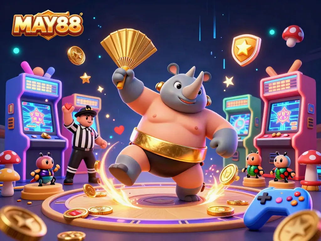 MAY88 captivates gamblers with an energetic 3D scene of a rhinoceros beetle sumo champion amidst glowing arcade elements and gold coins.