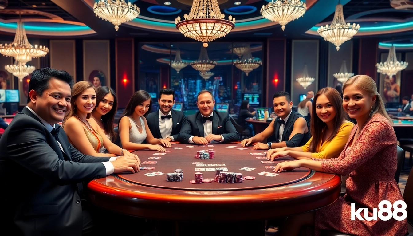 Gamblers engage at the exciting ku88 poker table, showcasing vibrant chips and professional gameplay.