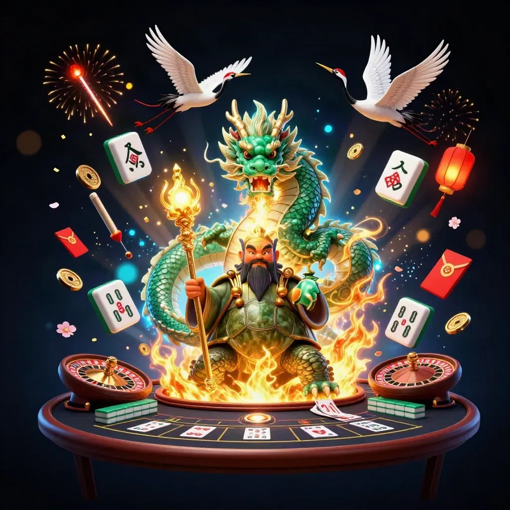 Emerald dragon, turtle sage, and cranes amid casino magic, gold fire, and neon storm glow.