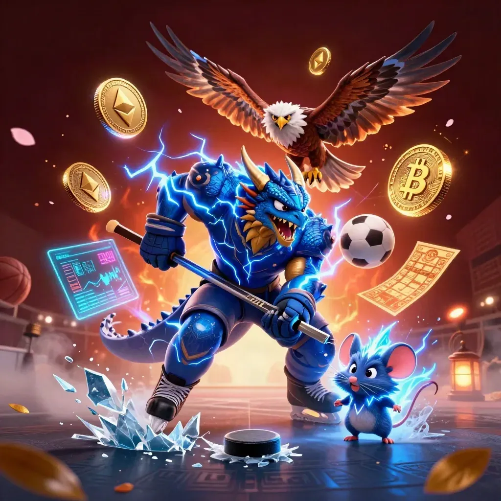 Thunder dragon, wind hawk, and crackling mouse over a hockey puck amid neon crypto sparks.