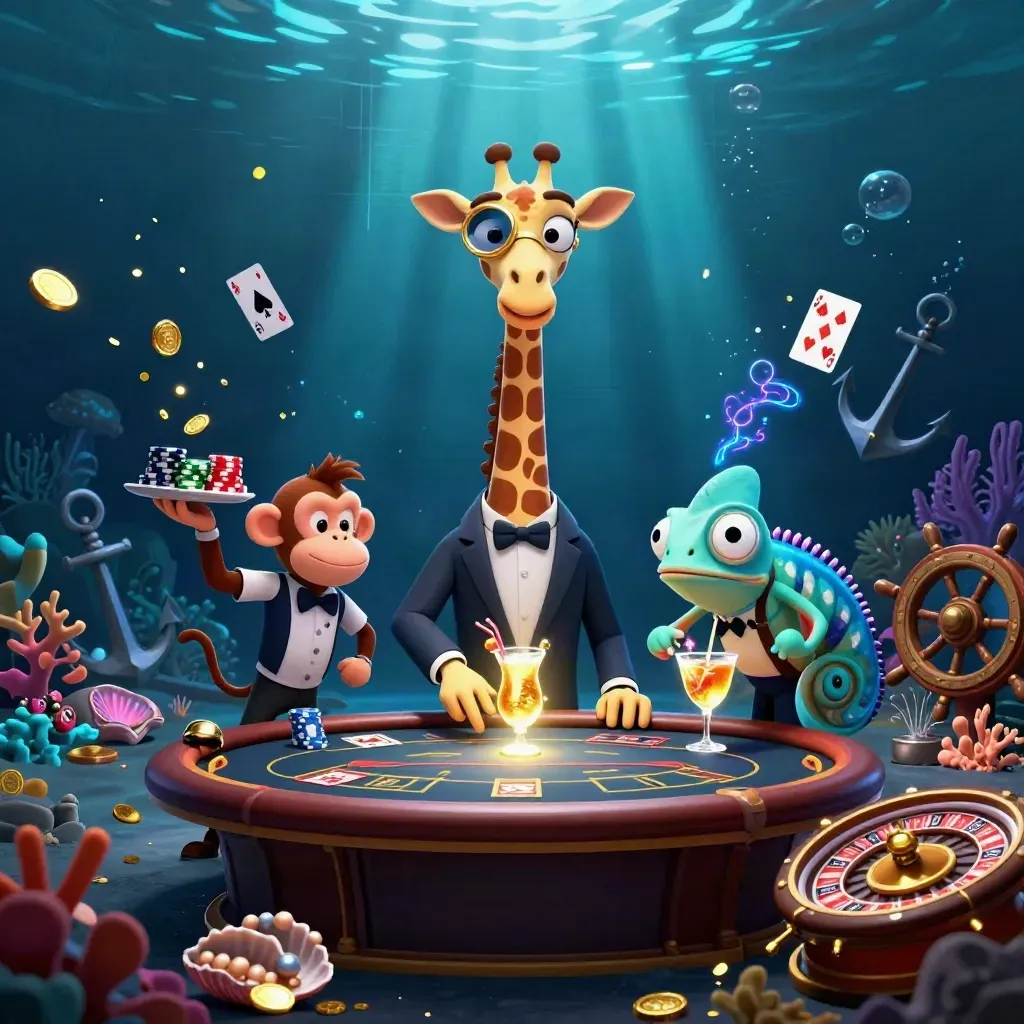 Giraffe high-roller, monkey valet, and chameleon bartender in a glowing underwater casino cove.
