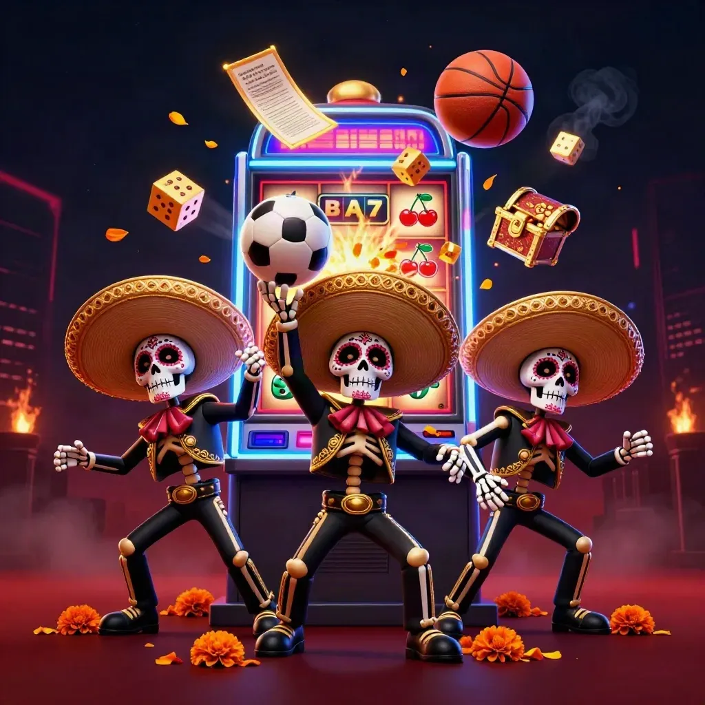 Skeleton mariachi trio, exploding slot machine, soccer ball and basketball in neon casino chaos.