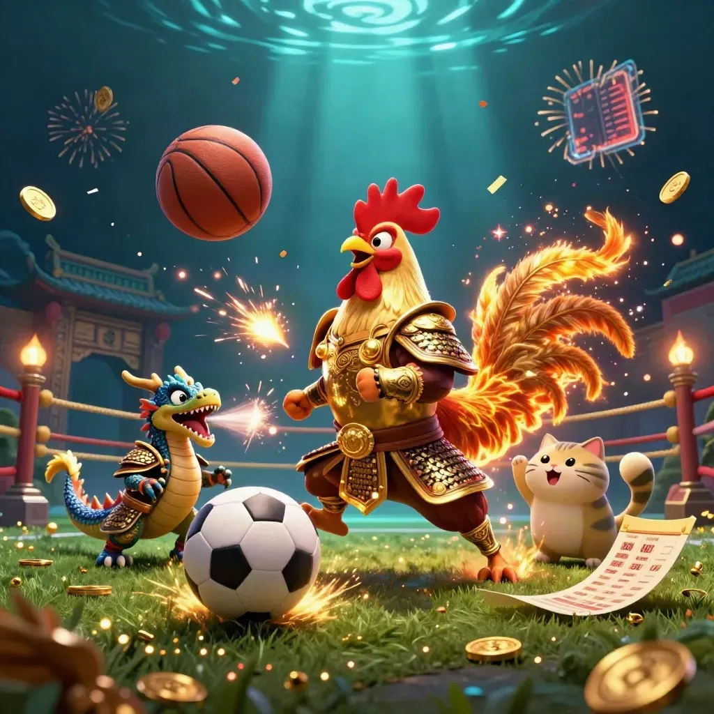 Rooster warrior, spark-breathing dragon hatchling and fortune-cat amid casino sports magic.