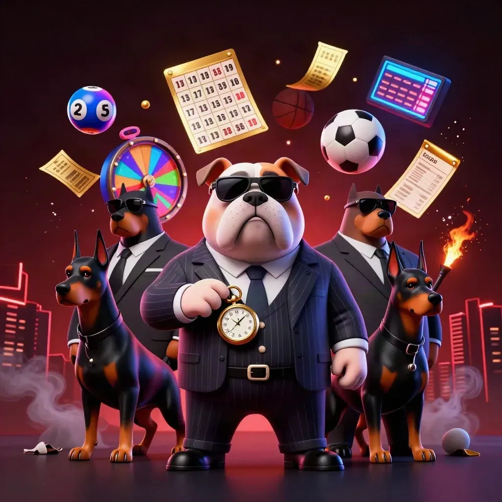 Bulldog mob boss and Doberman guards amid flying casino props, neon-lit and cinematic.