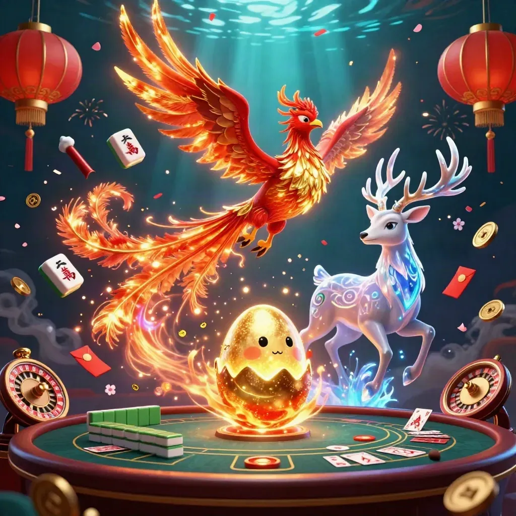Fire phoenix, baby phoenix, and crystal stag in a luxe casino storm of gold and neon